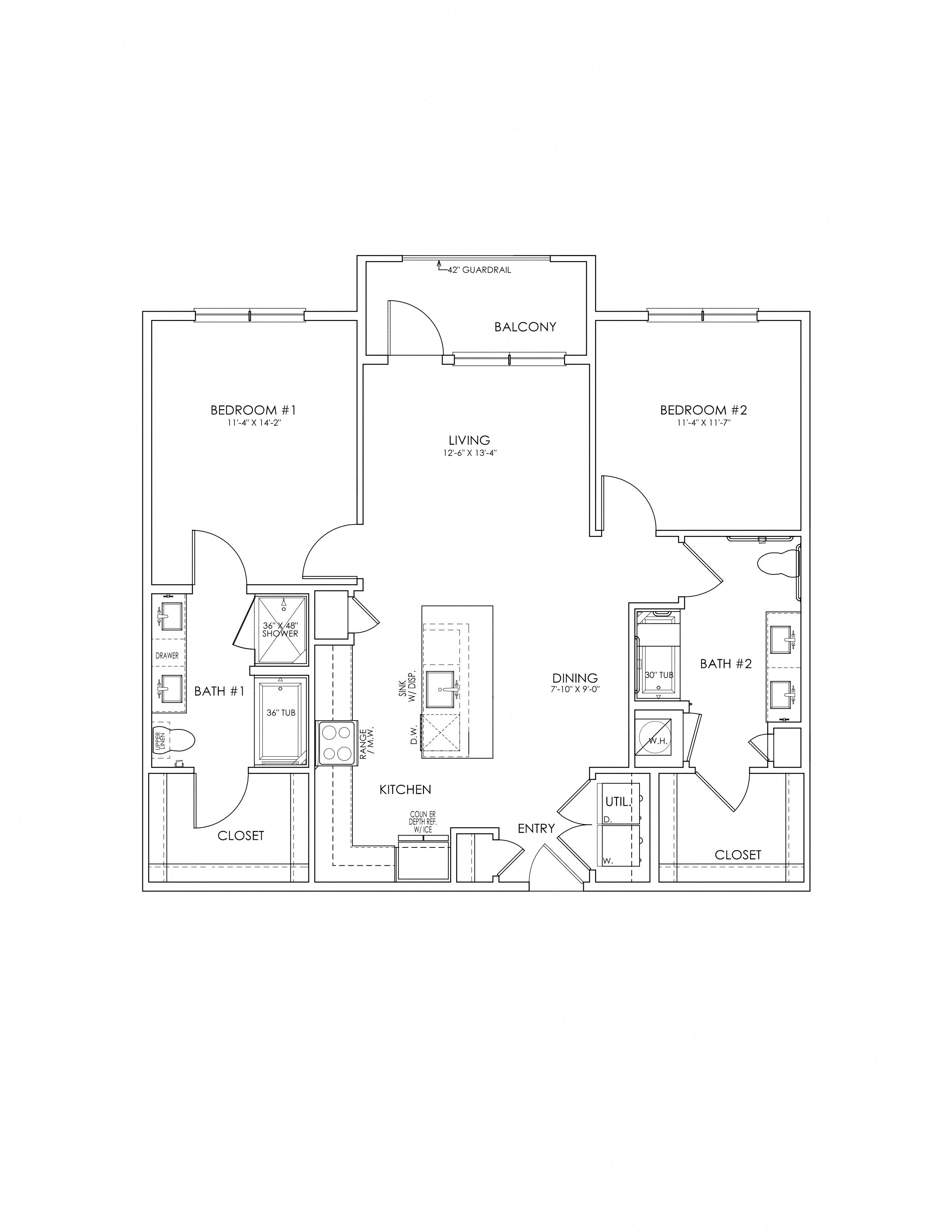 Floor plan for 2 beds, 2 baths, 1153 sqft